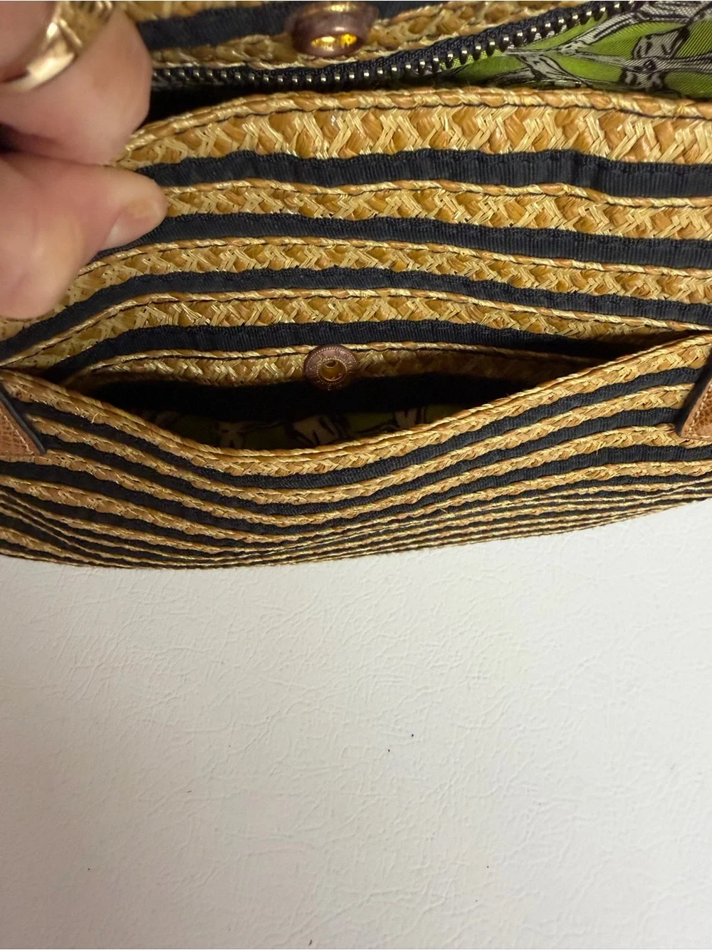 Eric Javitś Striped Natural Straw Tote Bag with Tan Trim